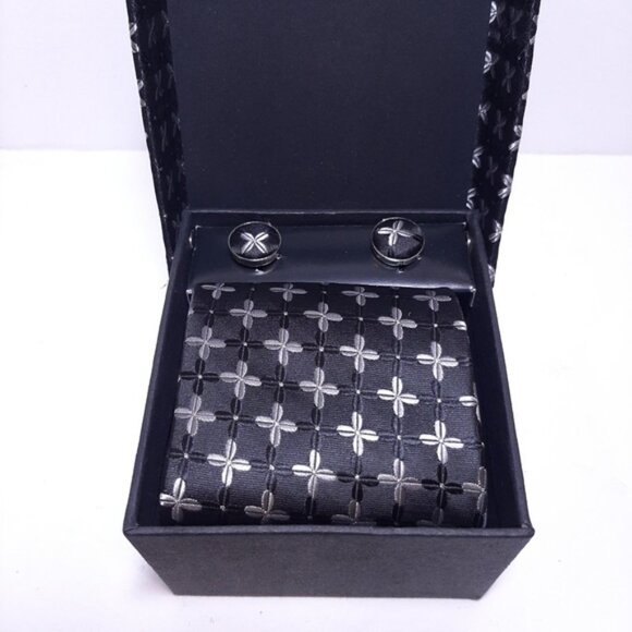 NEW 3-Pc Boxed Gift Tie Set Coordinated Print Cuff Links Pocket Square - Picture 3 of 8